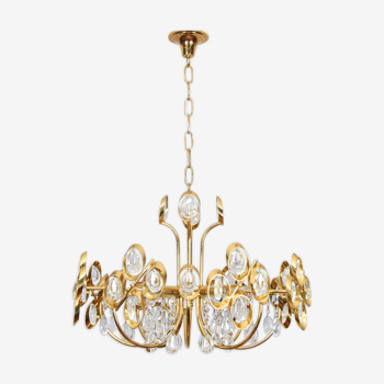 Mid century hollywood regency palwa gilt brass and crystal chandelier