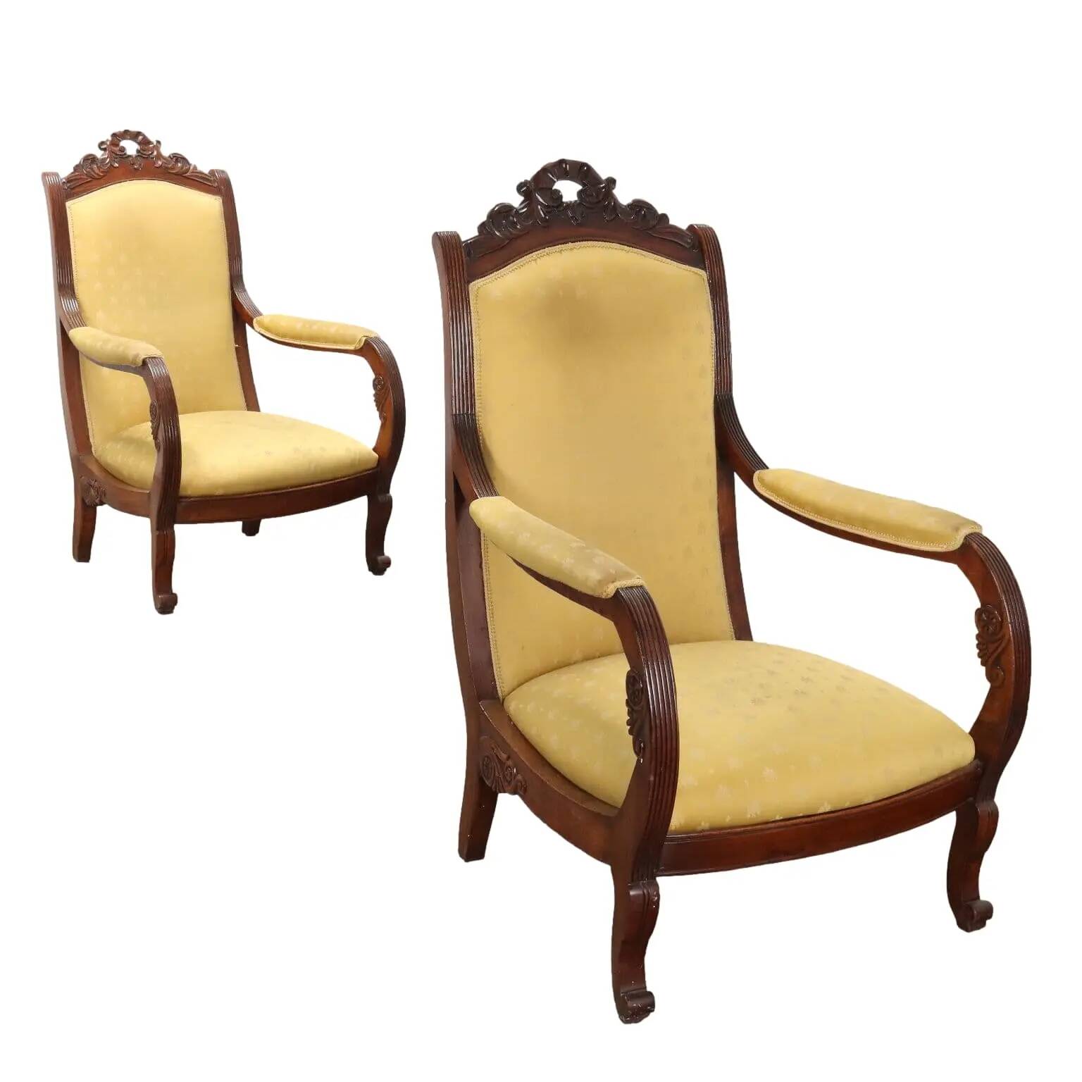 Pair of antique Louis-Philippe armchairs in walnut, Italy, 19th century.