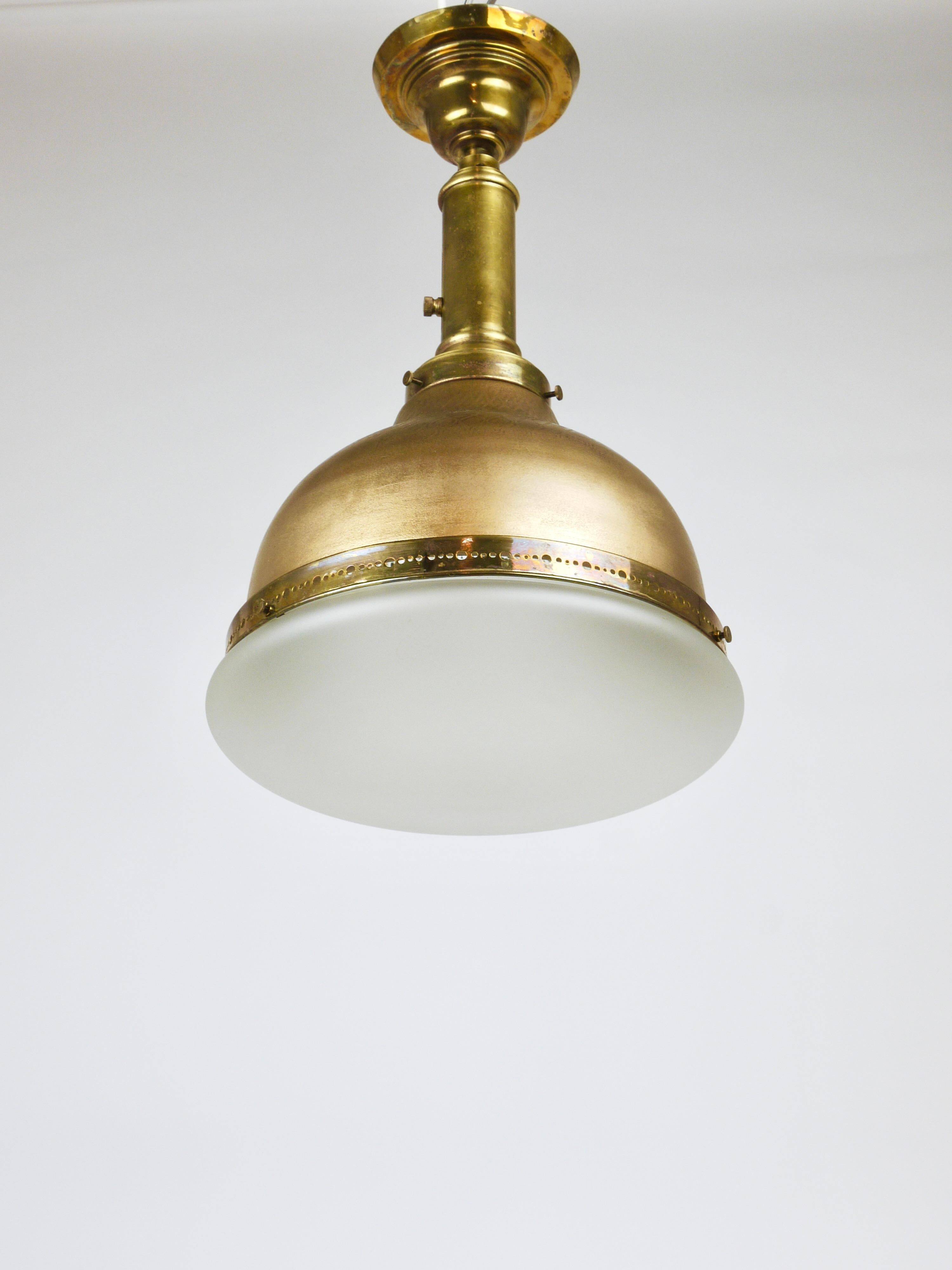 Art Nouveau pendant lamp in brass and glass from the 1920s, ceiling light, Jena, Germany.
