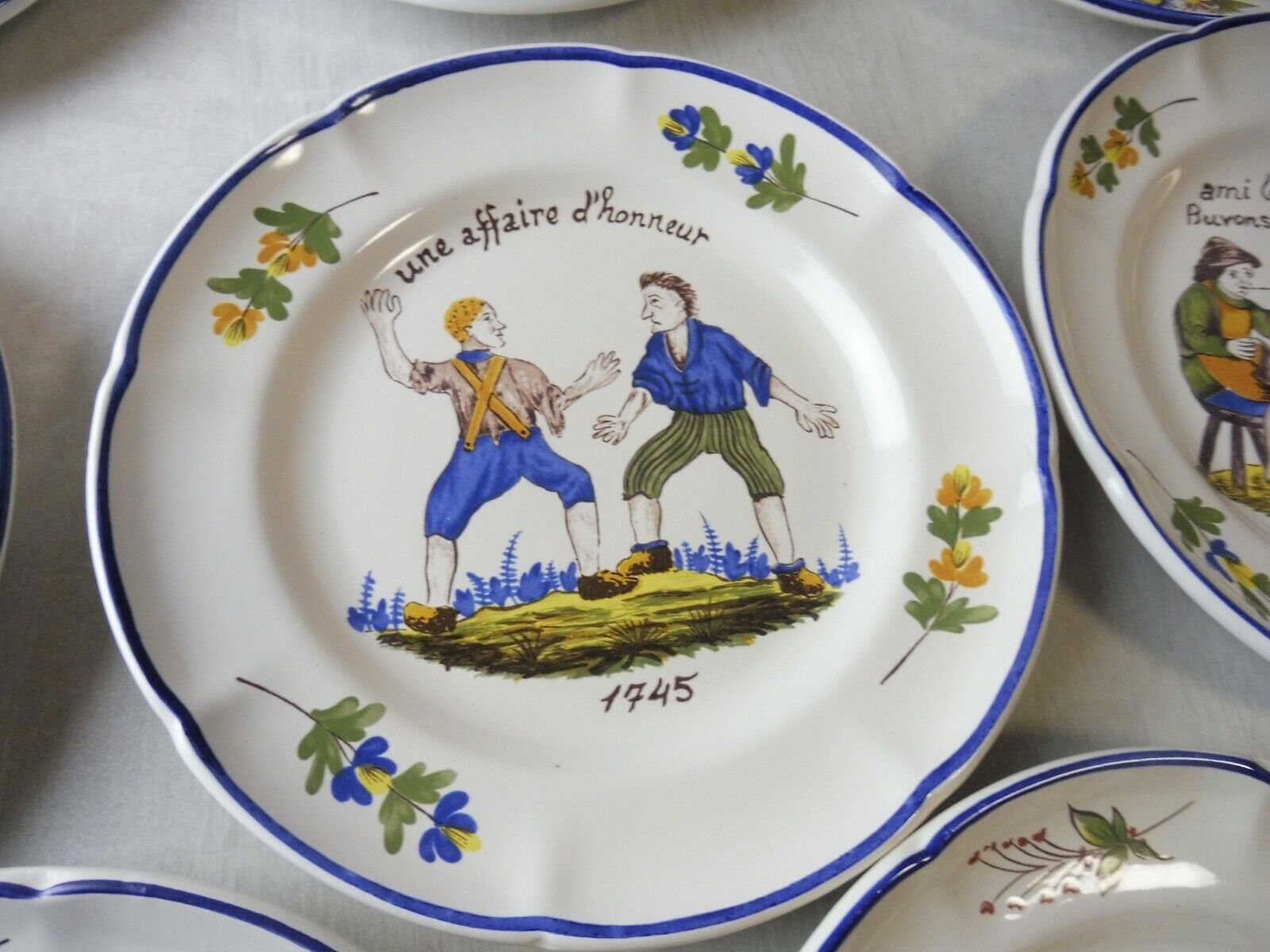 Lot of old plates, Decoration Rouen / peasant, St Clement PD