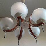 Scandinavian suspension in teak, glass, and metal.