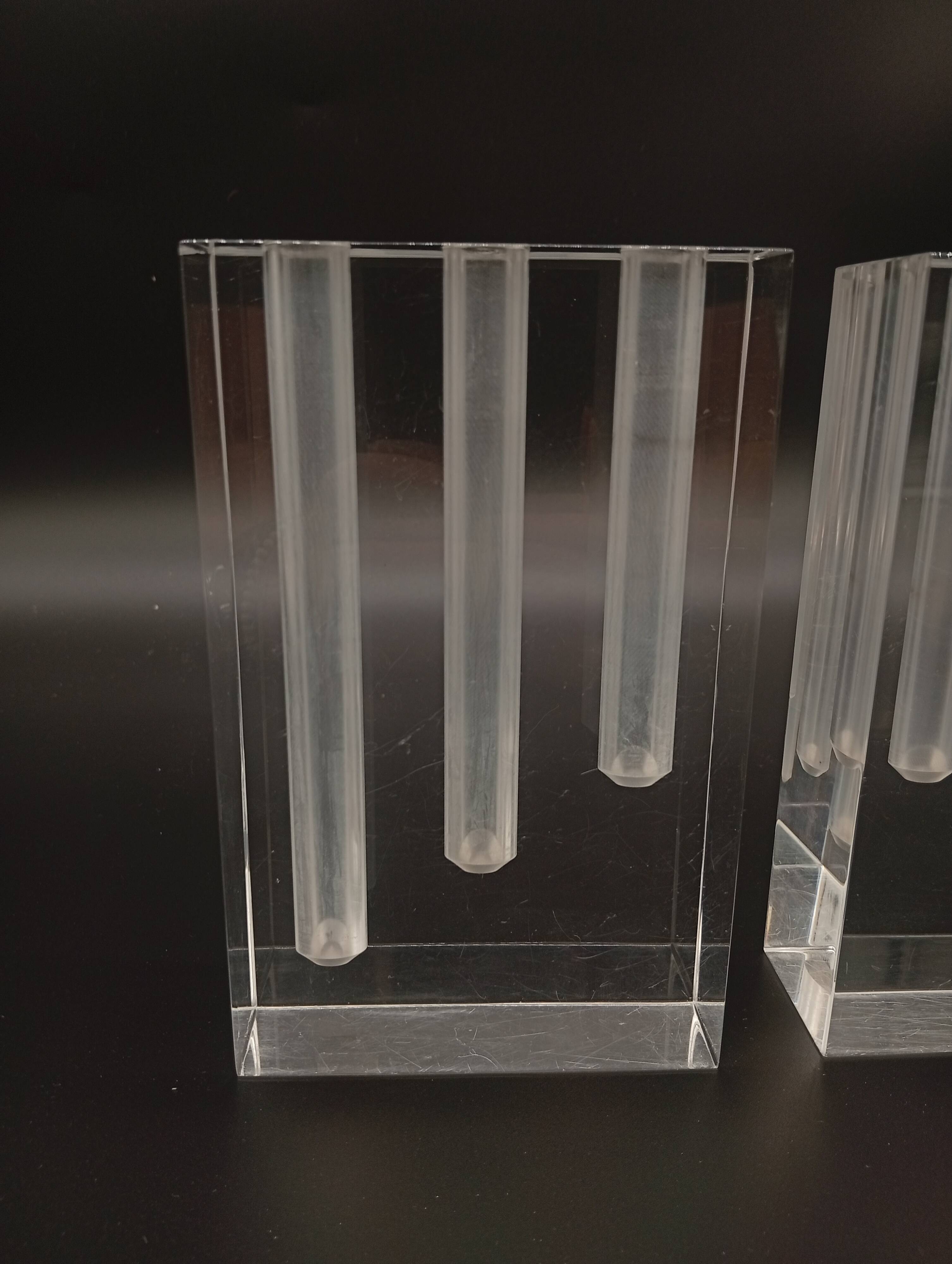 Duo Vase Bloc Résine Lucite Triple Cheminée Plexiglas Design Postmoderne