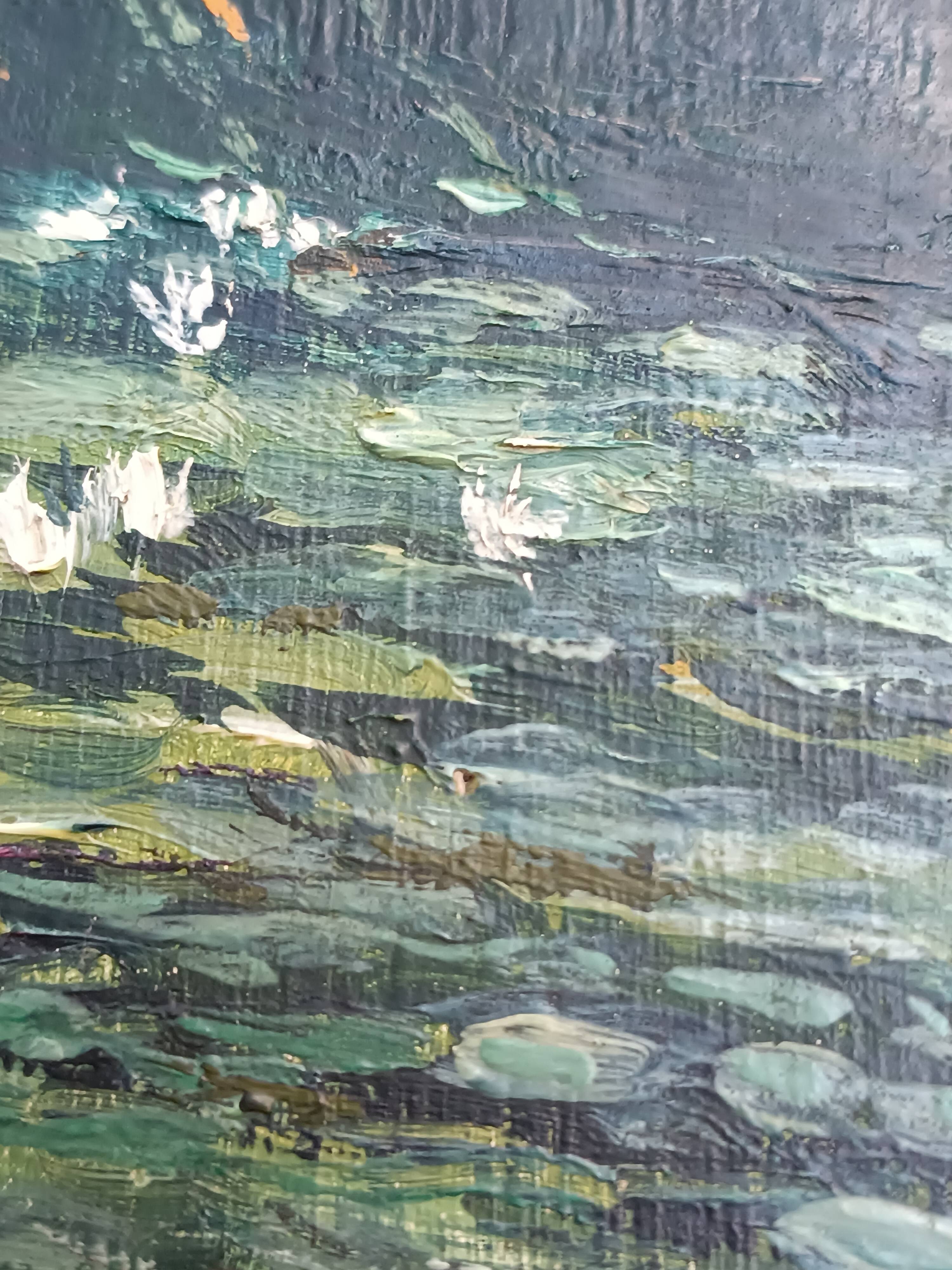 Original oil painting of a landscape with a pond and water lilies by Albert Morhain, 1930.