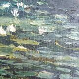 Original oil painting of a landscape with a pond and water lilies by Albert Morhain, 1930.