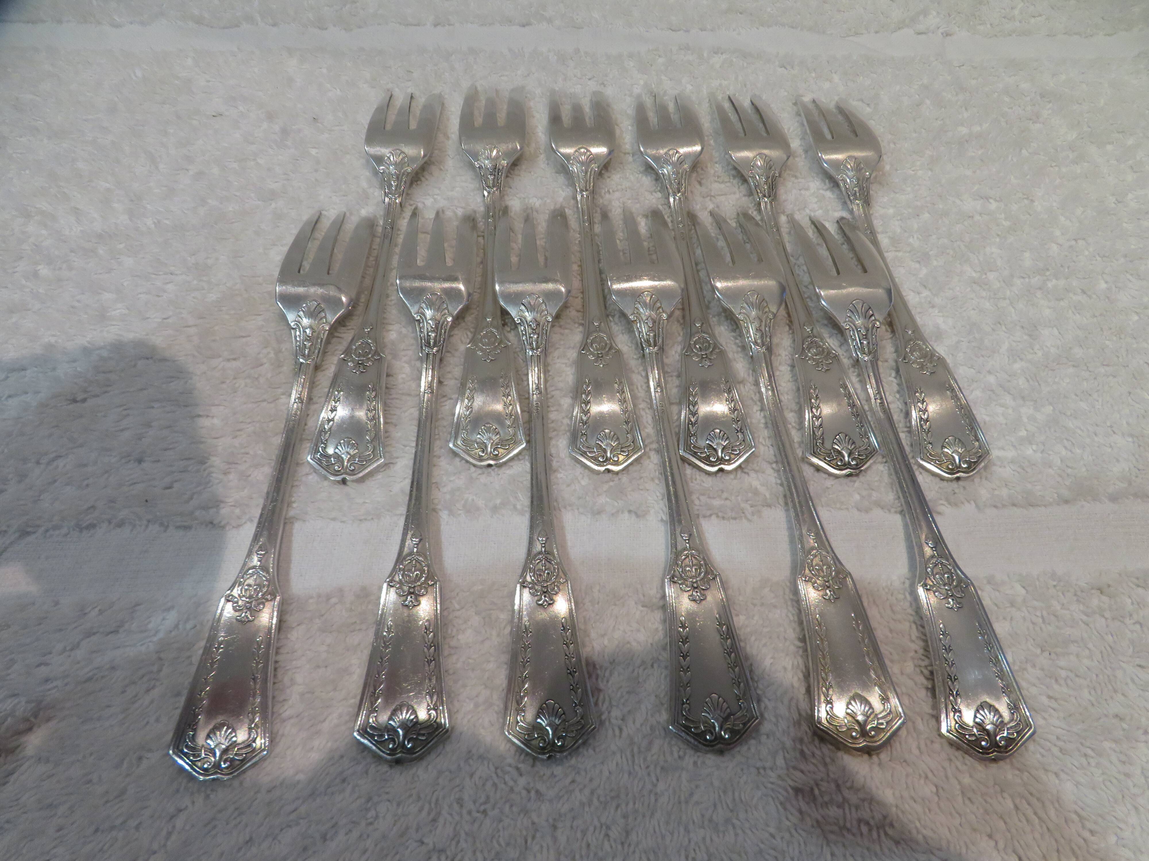 12 silver plated cake forks, goldsmith sfam, empire style
