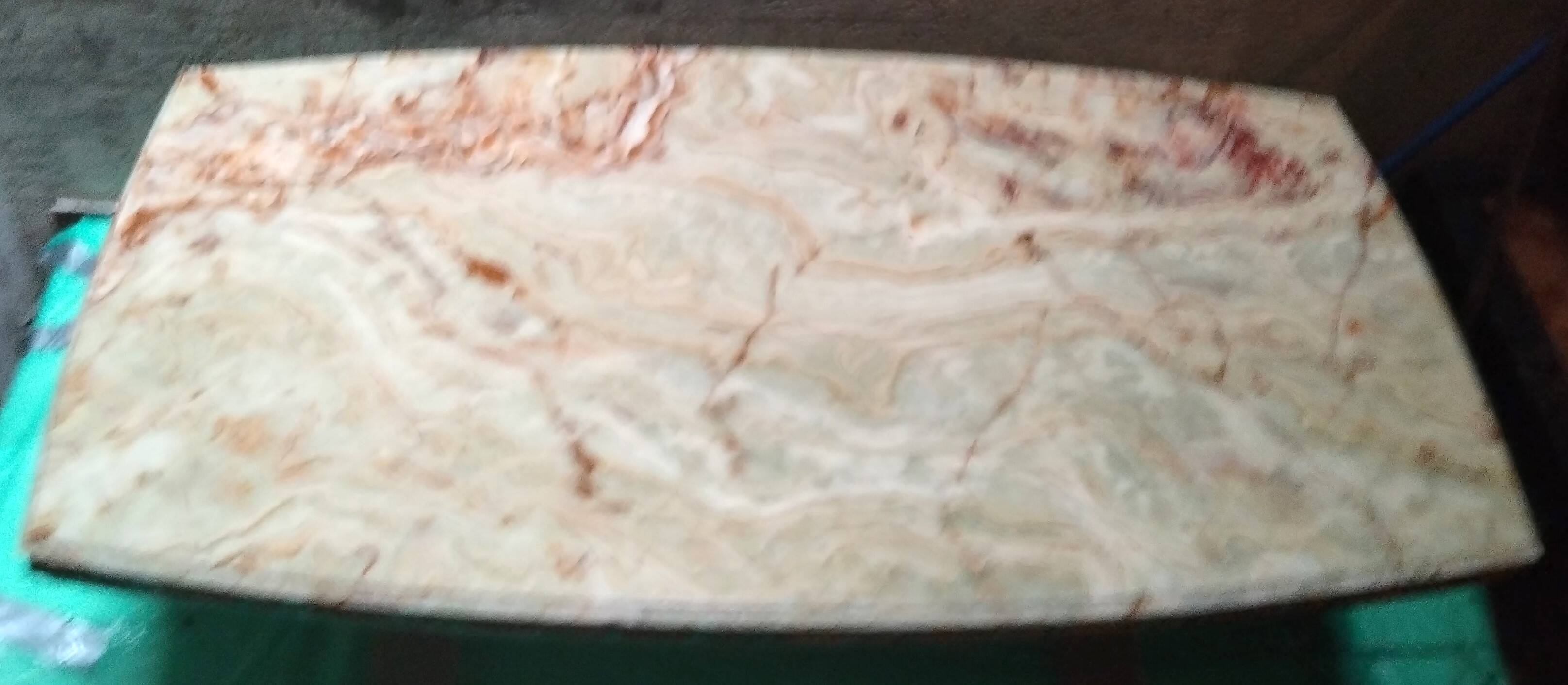 Large cream marble coffee table with solid cherry wood base