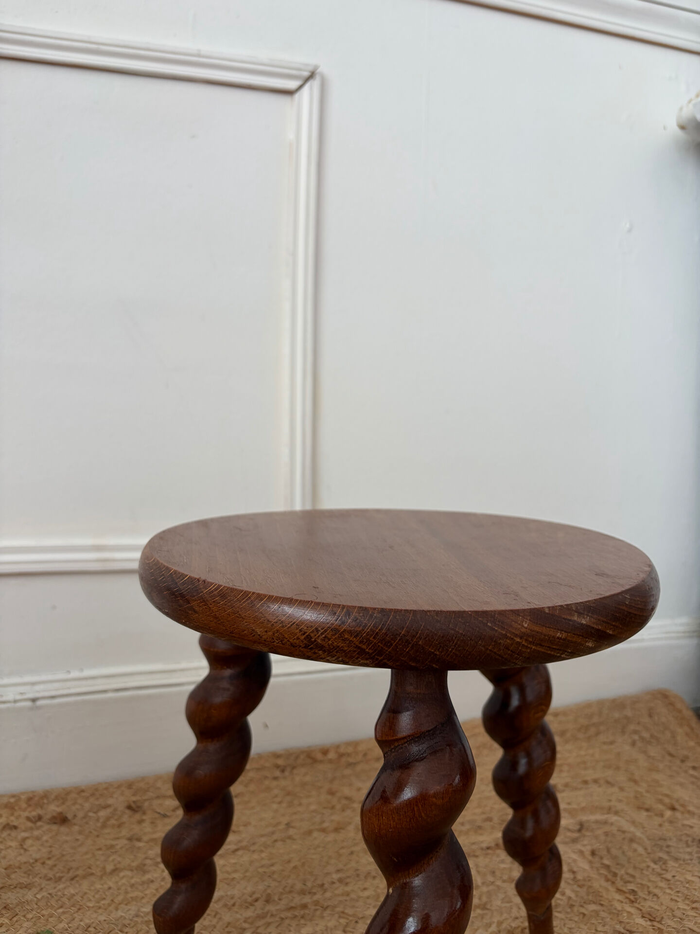 Pair of twisted wooden tripod stools