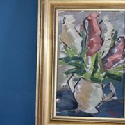 Original Mid-Century Oil on Canvas " Vase" by unidentified Artist- Vintage & Framed