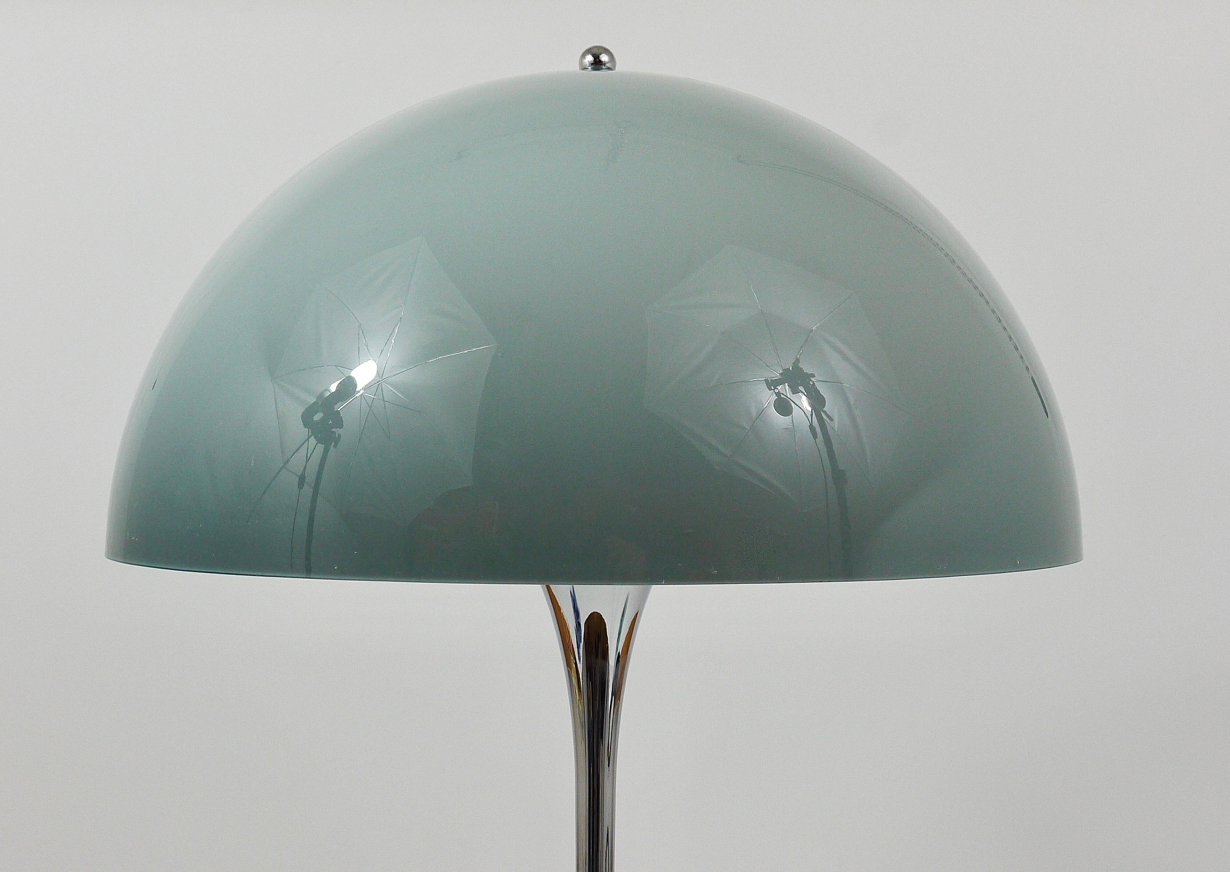 Rare Panthella table lamp by Verner Panton with a chrome base and grey shade.