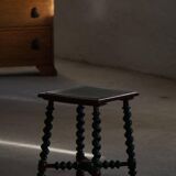 Vintage Scandinavian Stool Painted in Dark Green and Dark Red Wood, Folk Style, 1940s