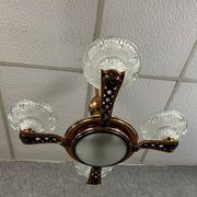 Art Deco period chandelier in copper-plated brass and molded pressed glass, circa 1940