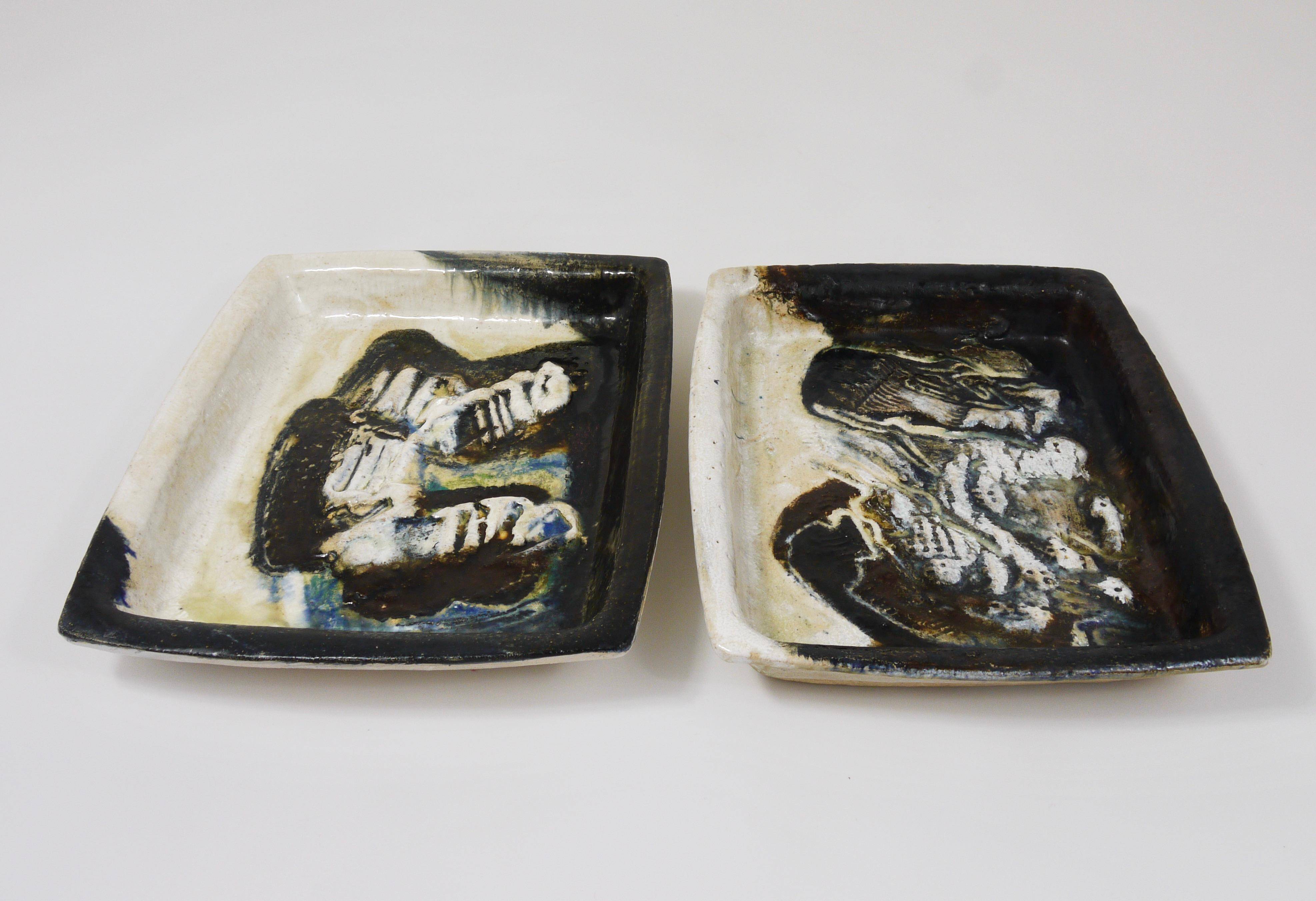 Two large abstract stoneware bowls/plates by Jeppe Hagedorn-Olsen, Denmark, 1970s.