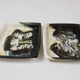 Two large abstract stoneware bowls/plates by Jeppe Hagedorn-Olsen, Denmark, 1970s.