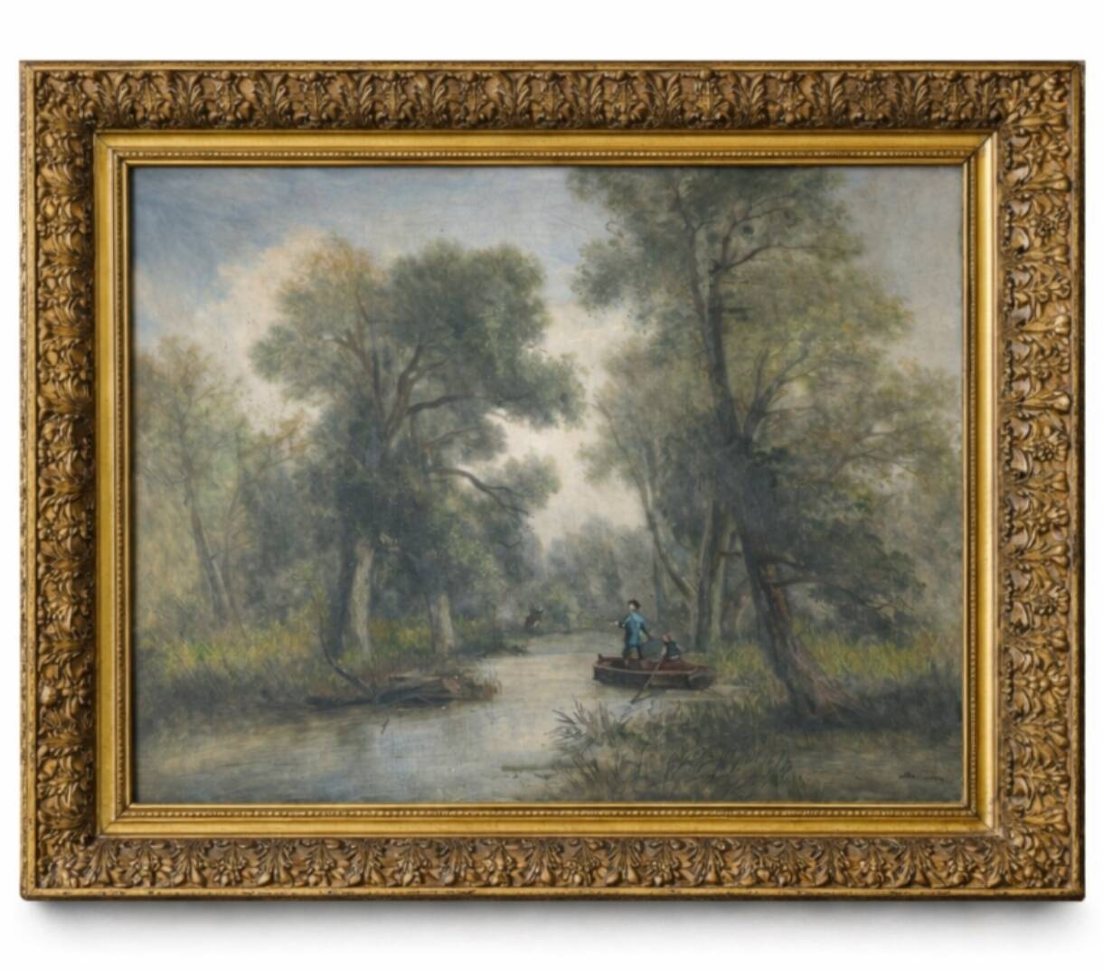 Large old painting landscape river – oil on canvas late 19th century – framed
