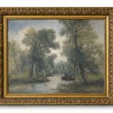 Large old painting landscape river – oil on canvas late 19th century – framed