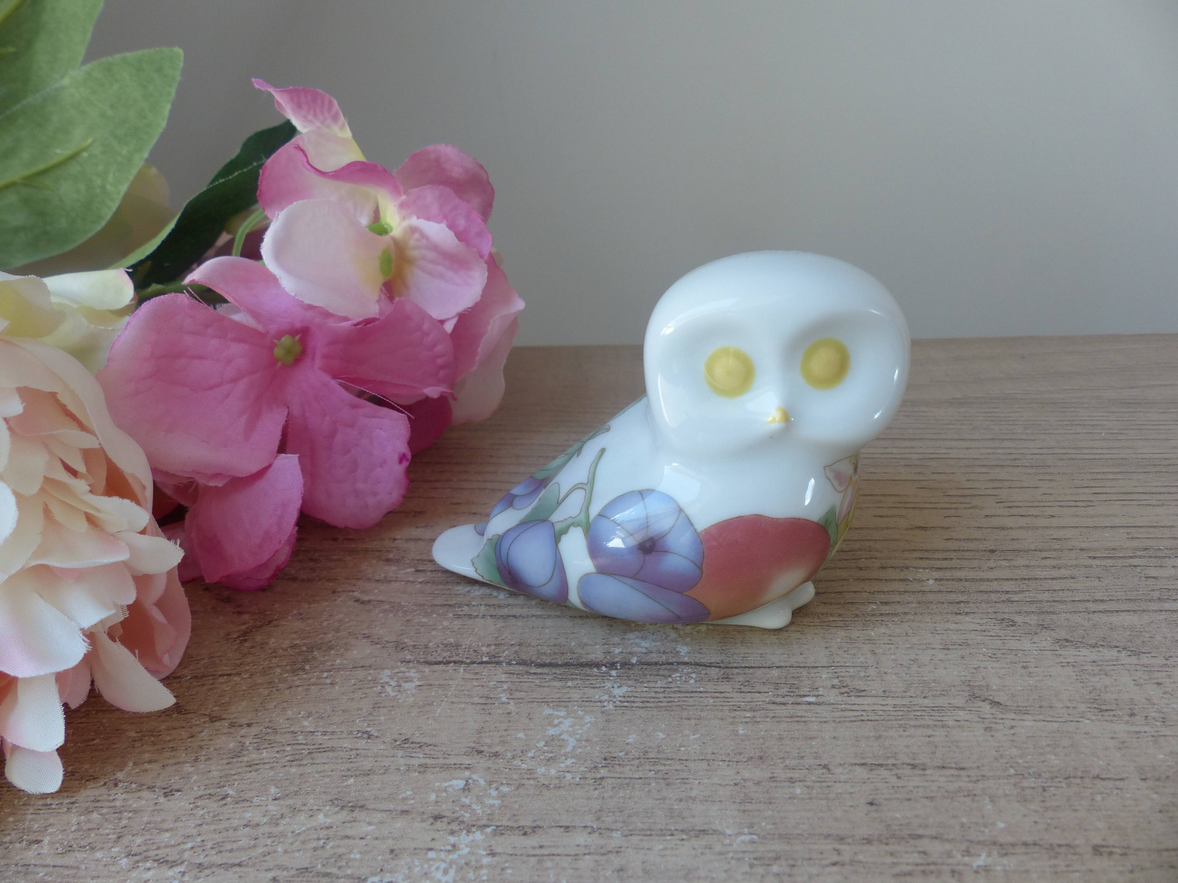 Porcelain owl figurine with fruit decoration, miniature owl with garden fruits