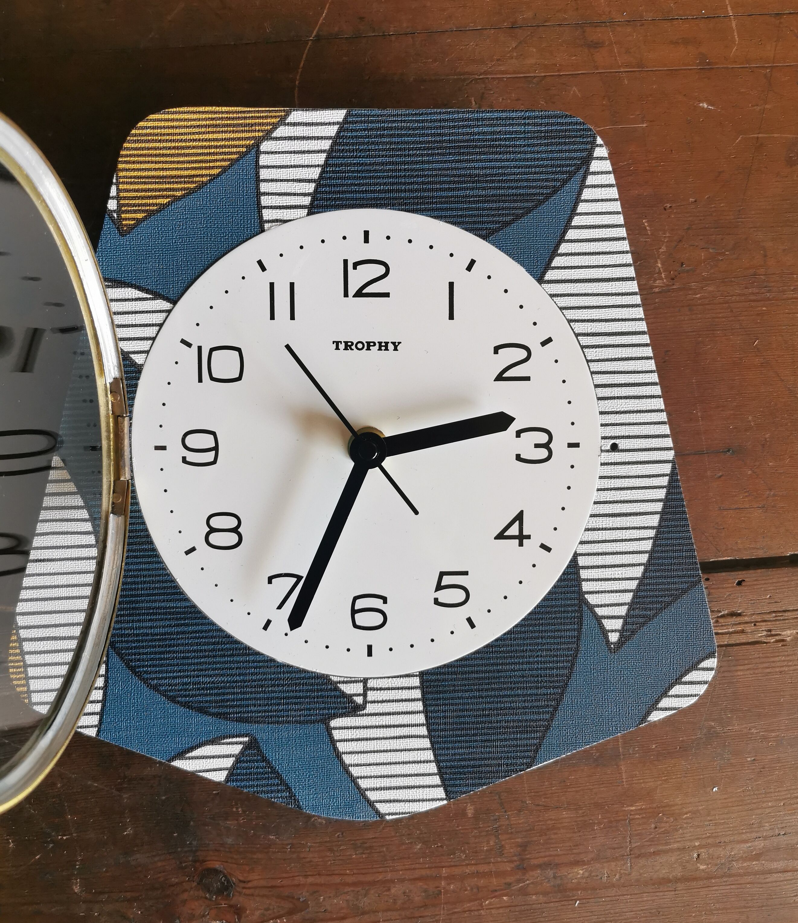 Vintage clock silent trapezoid wall clock "Trophy blue white ochre"