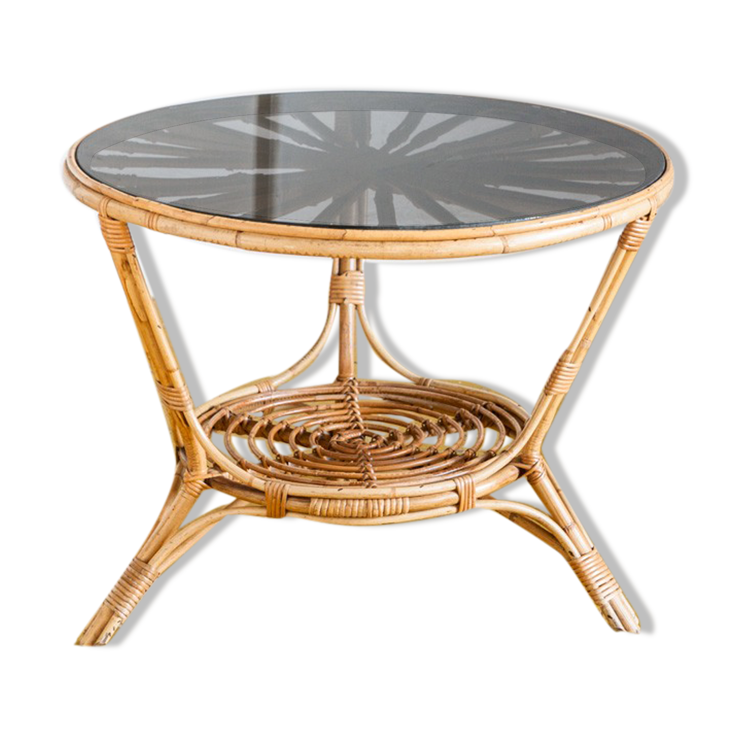 Vintage side table in rattan and smoked glass, France 1970