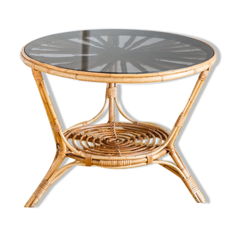 Vintage side table in rattan and smoked glass, France 1970