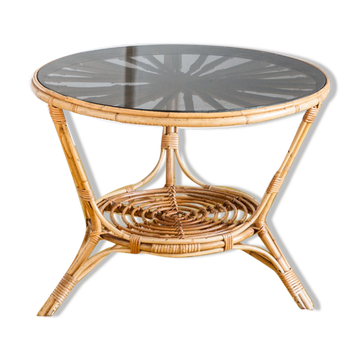 Vintage side table in rattan and smoked glass, France 1970.