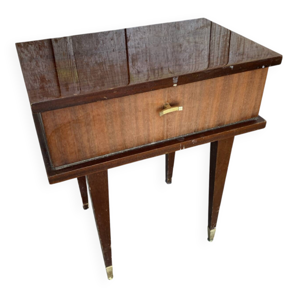 Chevet Ancien Table Nuit Placage Bois Verni Tiroir Mid-Century Vintage