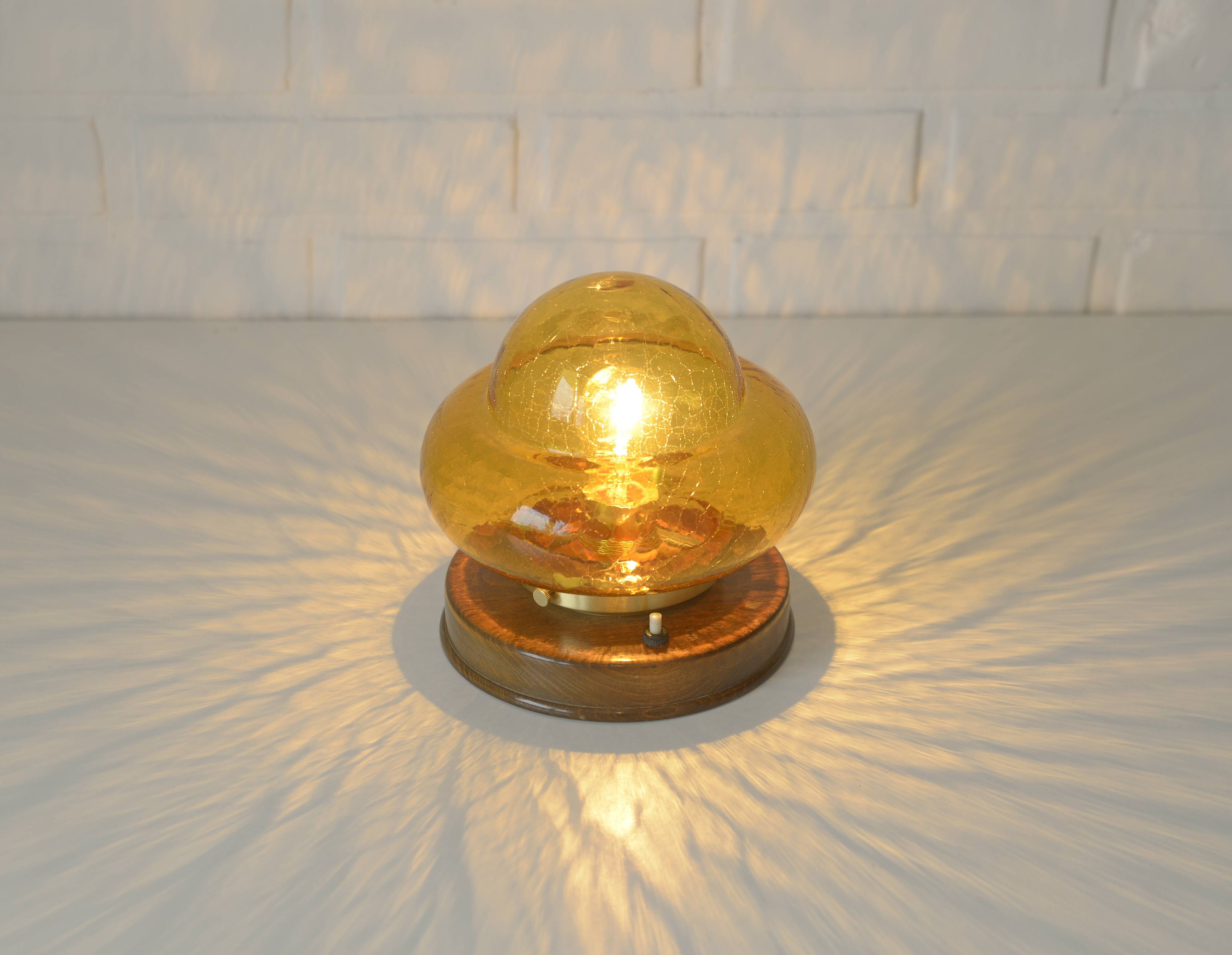Vintage table lamp rustic desk light amber glass mushroom lamp 1970