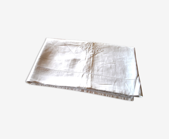 Draps ancien en coton brodé monogramme aj