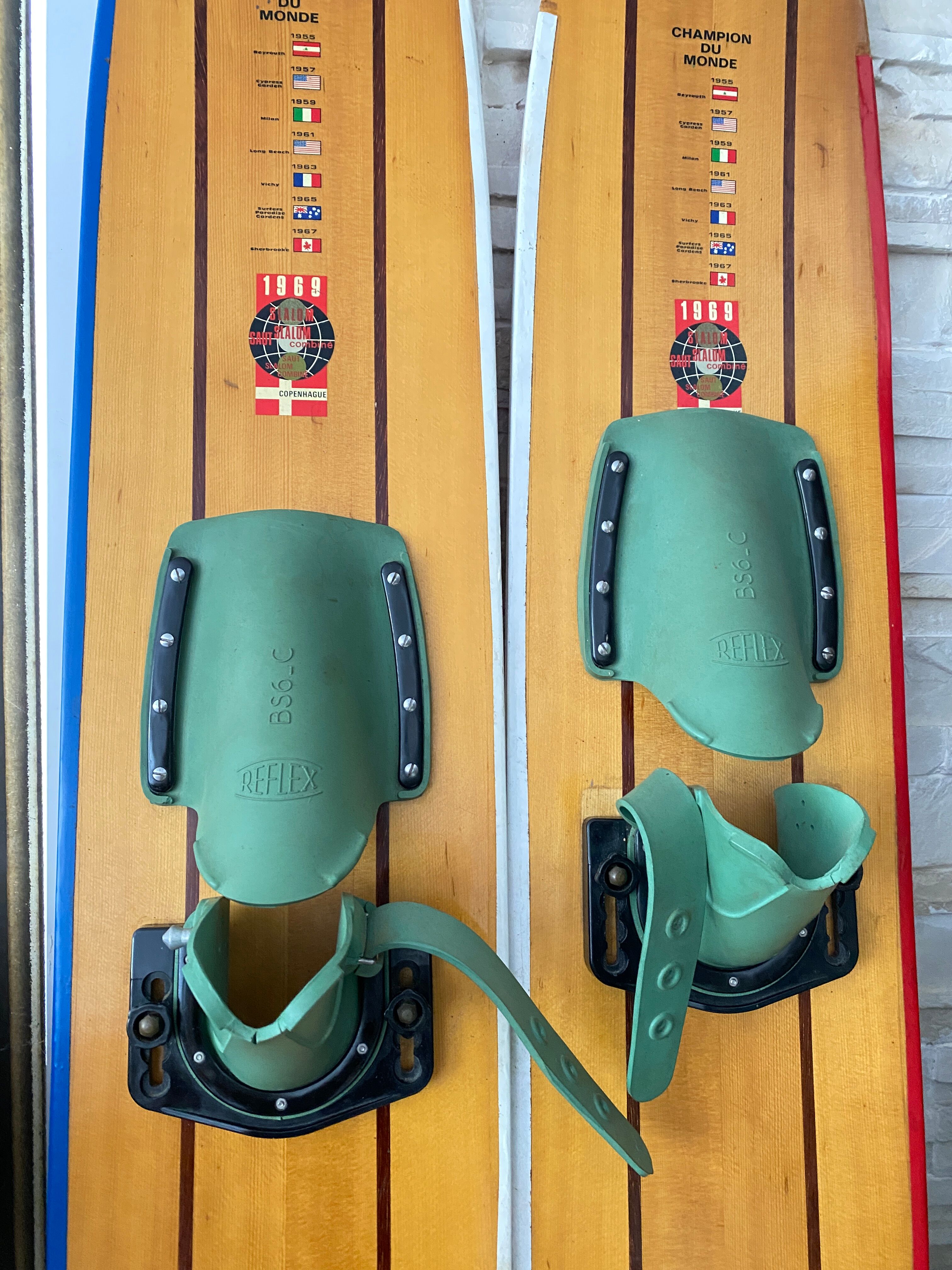 Pair of wooden water skis