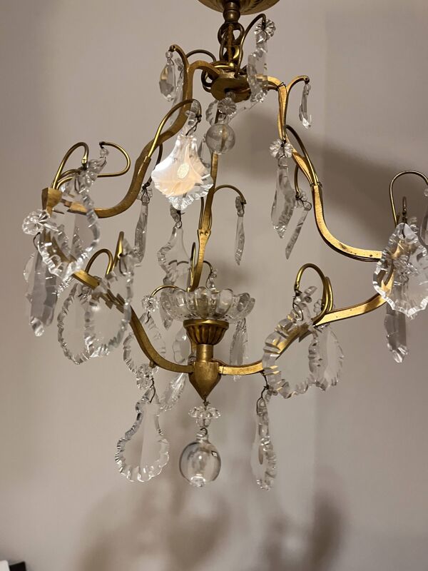 Lustre vintage tchécoslovaque en laiton et pampilles – Cristal de Bohême