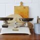 Antique kitchen scales from a record to five kilos, white beam scales with brass plates