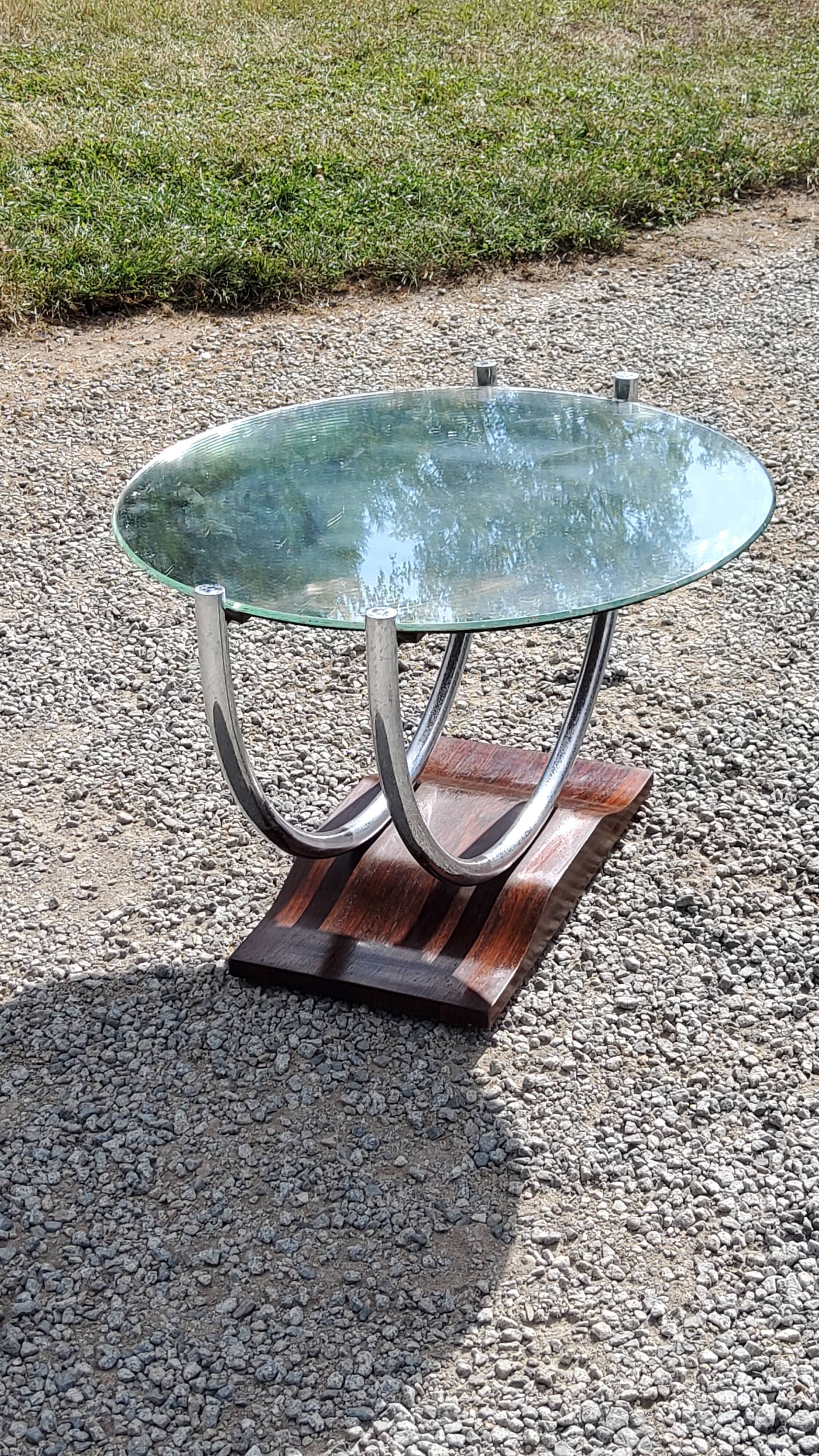 Art deco coffee table mirror base chrome and rosewood