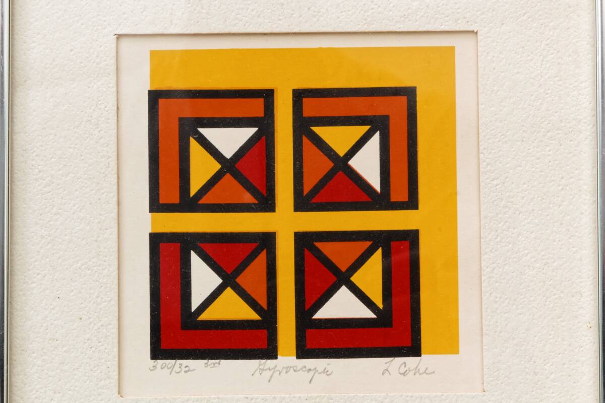 Set of two abstract screen prints, signed L Cohe.