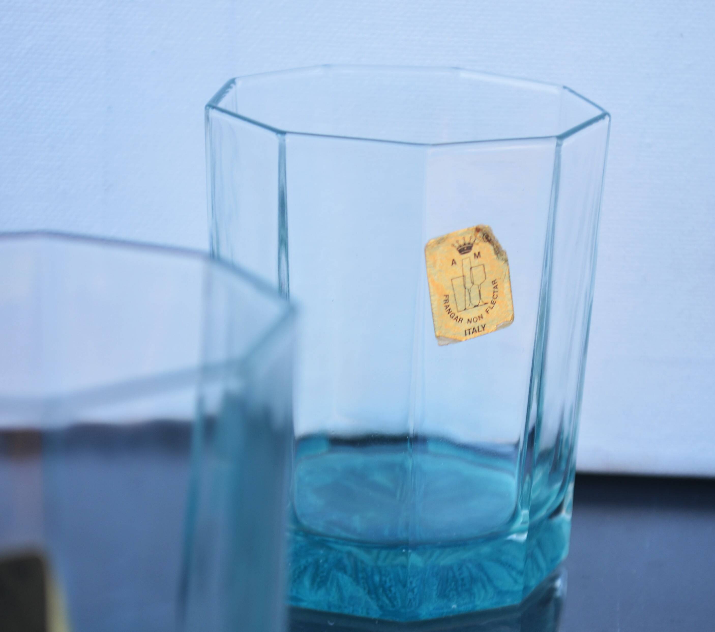 Mid Century Italy Frangar Non Flectar Whiskey Set of Blue Glasses With Ice Bucket and Fork Tongs