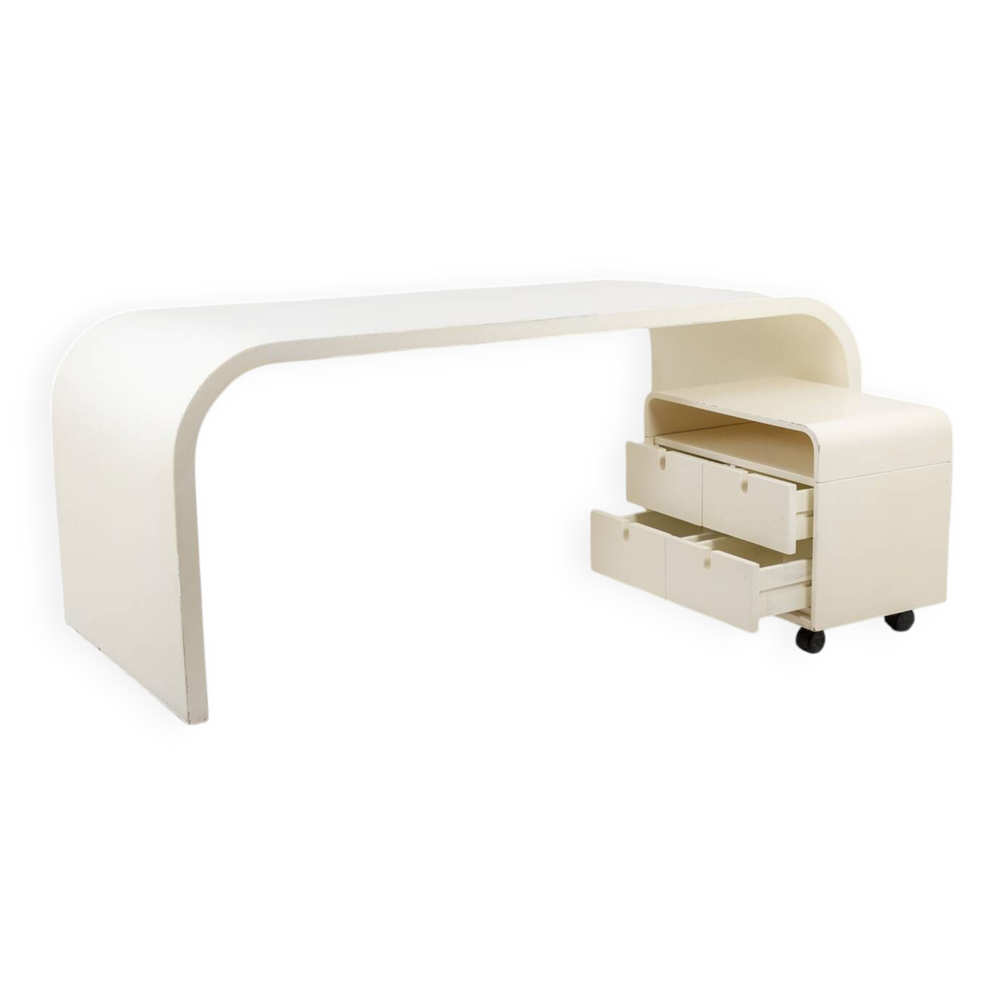 Desk and its cardboard box in white lacquered plywood. 1970s.