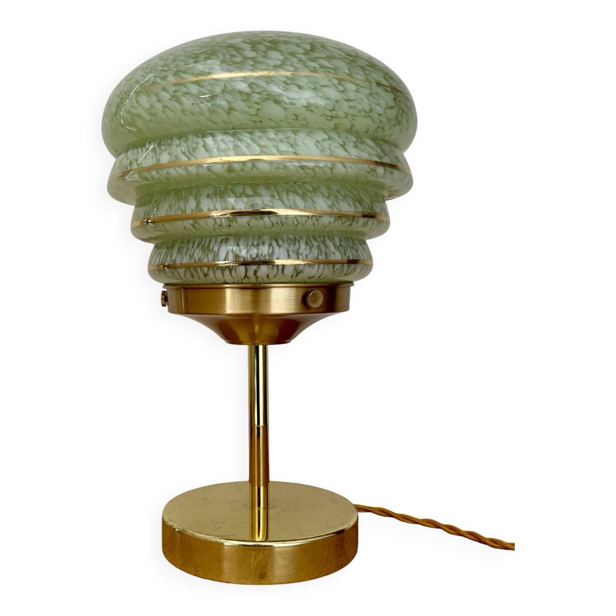 Vintage art deco globe table lamp in green and gold Clichy glass