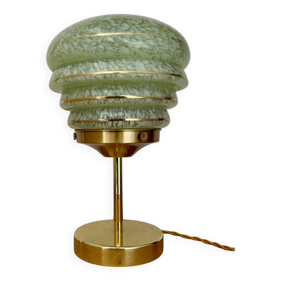 Lampe à poser globe vintage art déco en verre de clichy vert et doré