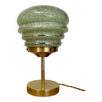 Lampe à poser globe vintage art déco en verre de clichy vert et doré