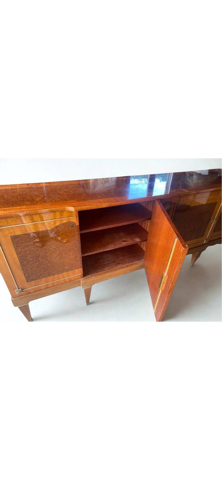 Satin wood sideboard, brass fittings — Mid-Century