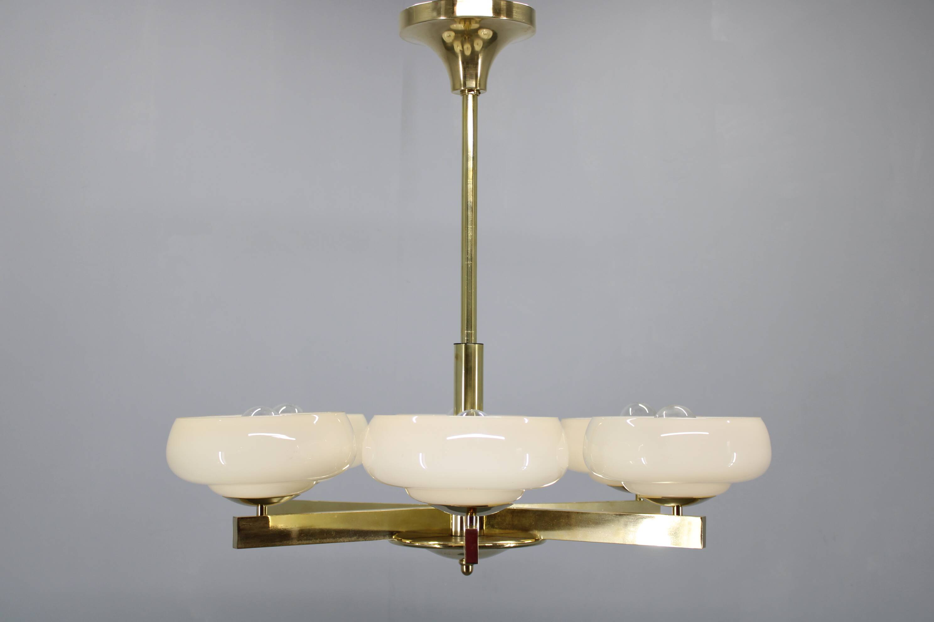 Art Deco brass chandelier with opaline glass, Czechoslovakia, 1930s