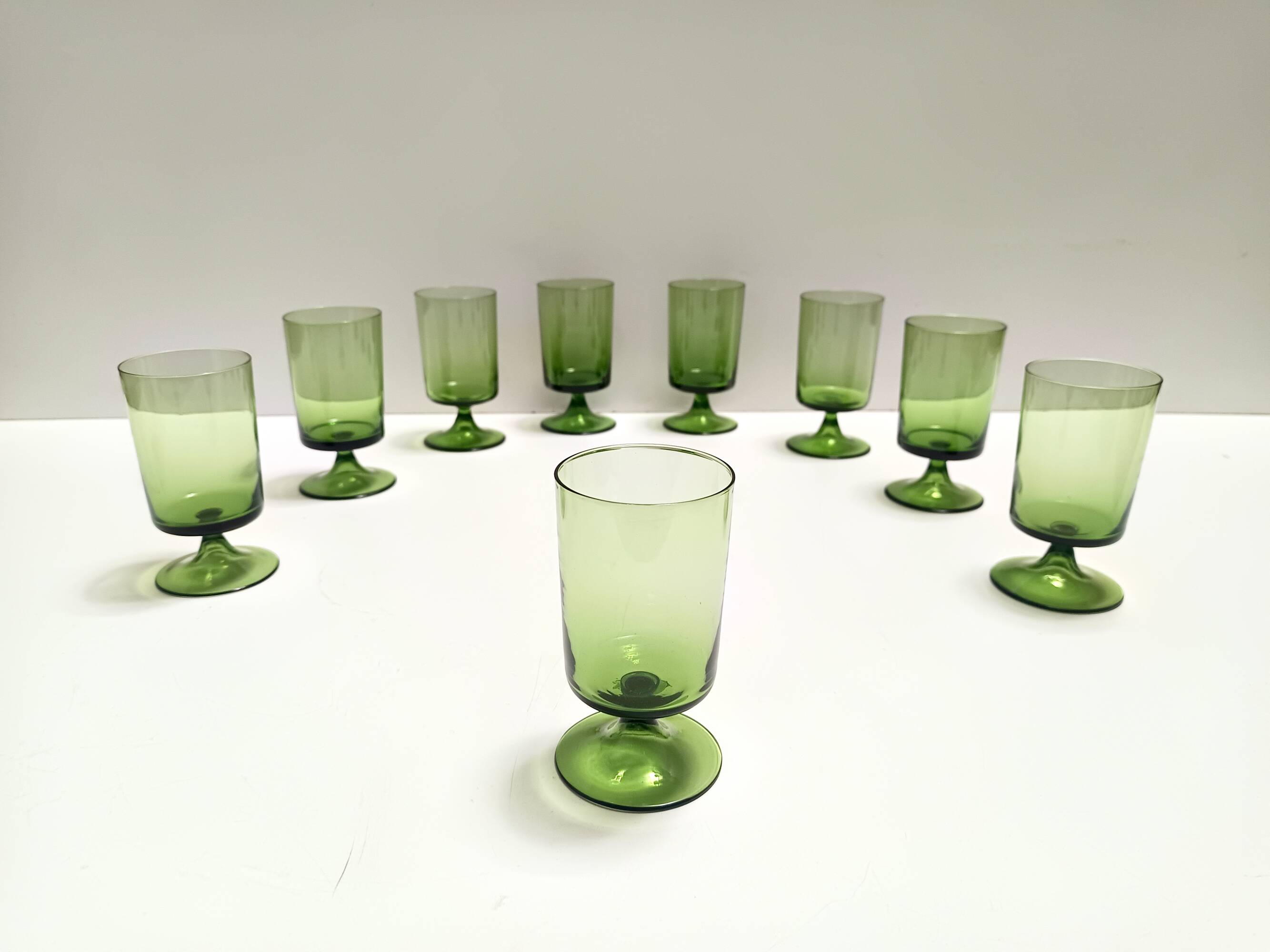 Set of Nine Green Hand-Blown Glass Drinking Glasses, Empoli, Italy