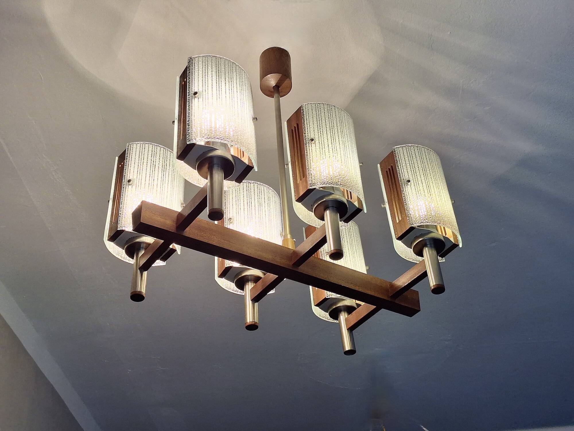 Brutalist teak and art glass chandelier, Italy 1960s