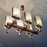 Brutalist teak and art glass chandelier, Italy 1960s