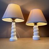 Set of 2 small old twisted opaline lamps