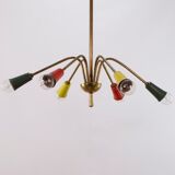 Vintage chandelier 1950, 6 arms, brass and colors, 60cm in diameter
