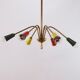 Vintage chandelier 1950, 6 arms, brass and colors, 60cm in diameter