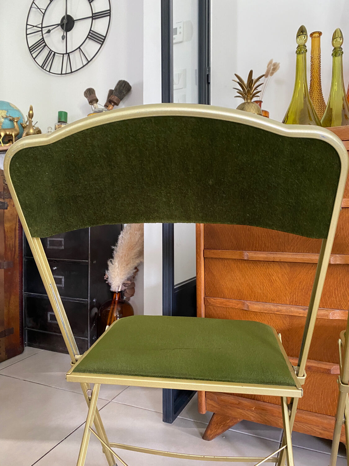 Pair of vintage green velvet folding chairs