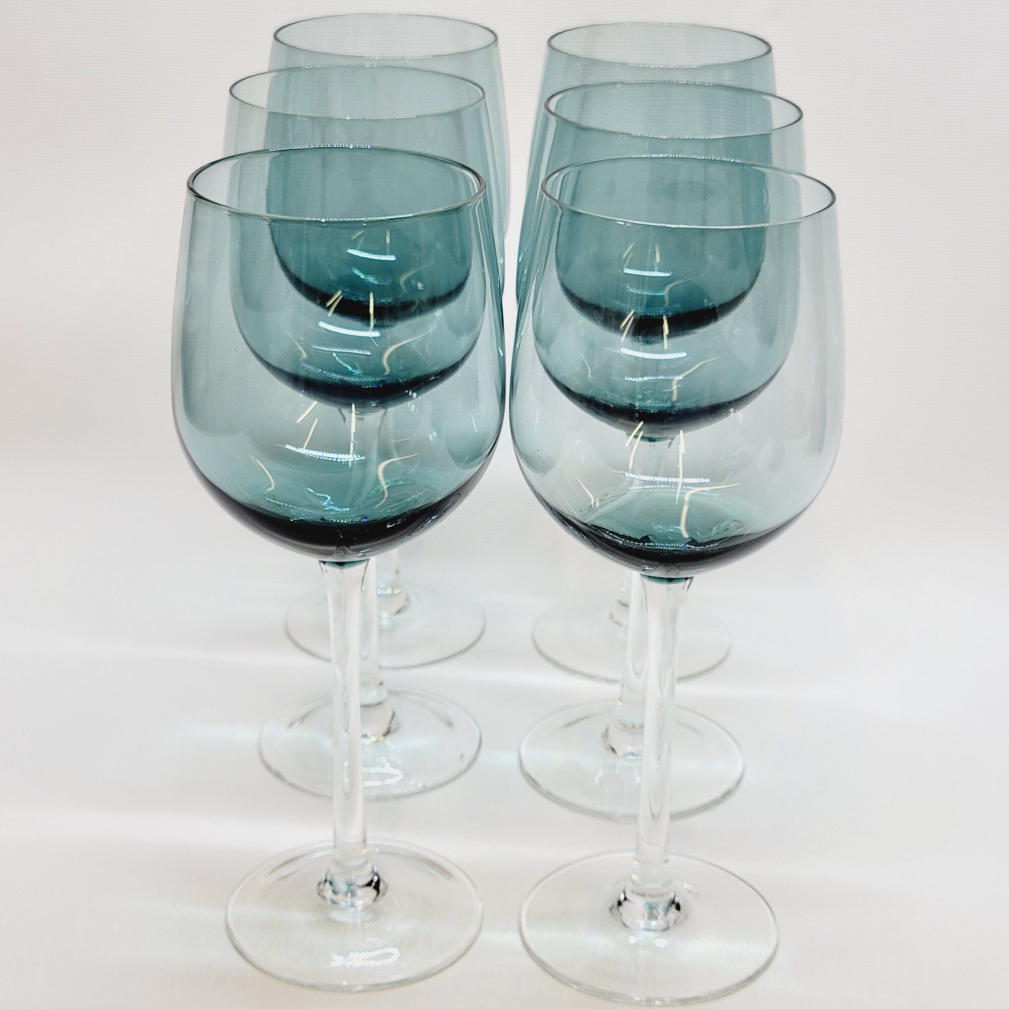 6 Large Wine or Water Balloon Glasses in Petrol Blue Color Blown Glass