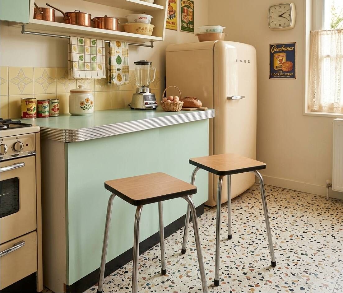 Pair of vintage school stools in formica and chrome metal – 1960s/70s