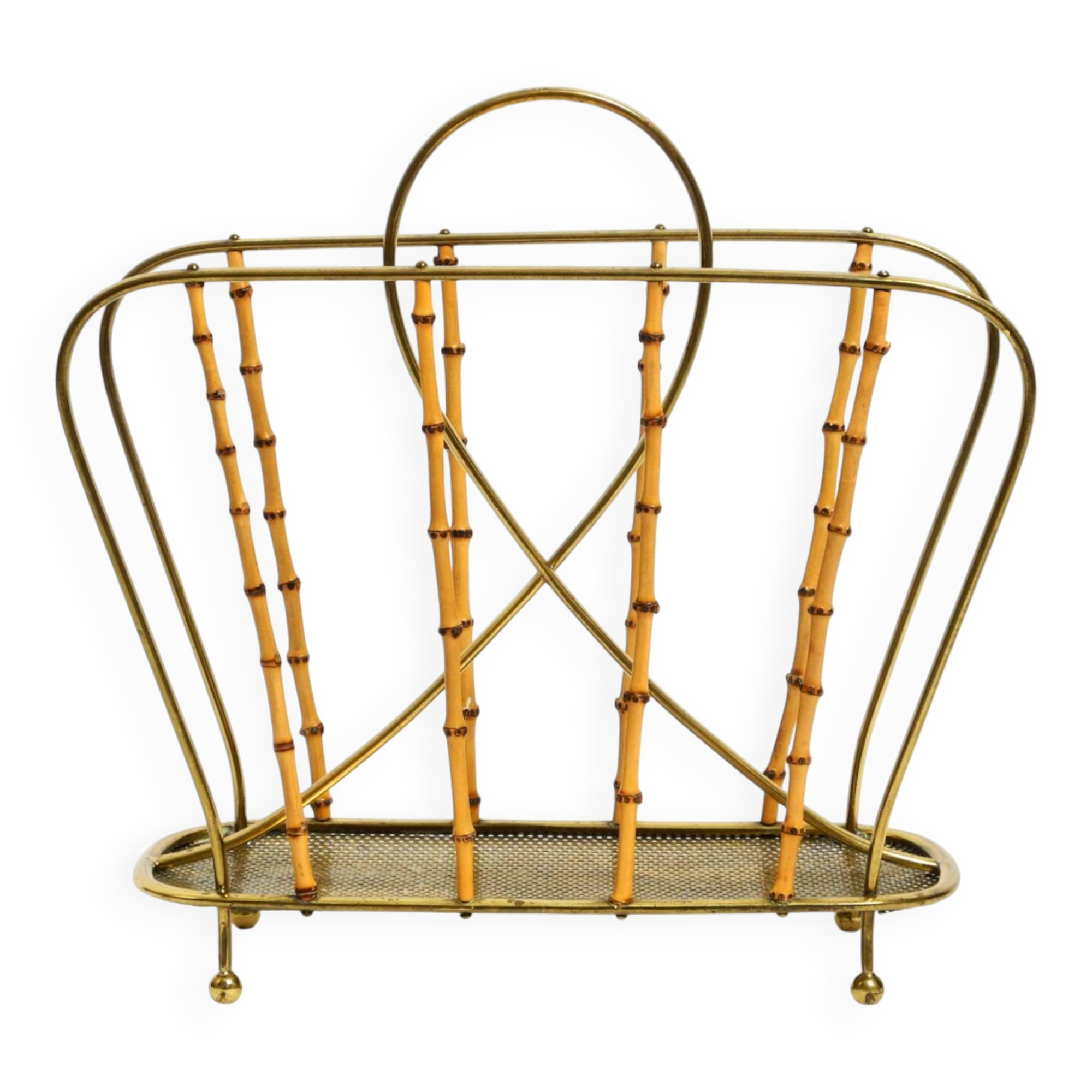 Rare Mid Century Modern magazine rack made of solid brass and genuine bambo