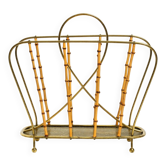 Rare Mid Century Modern magazine rack made of solid brass and genuine bambo